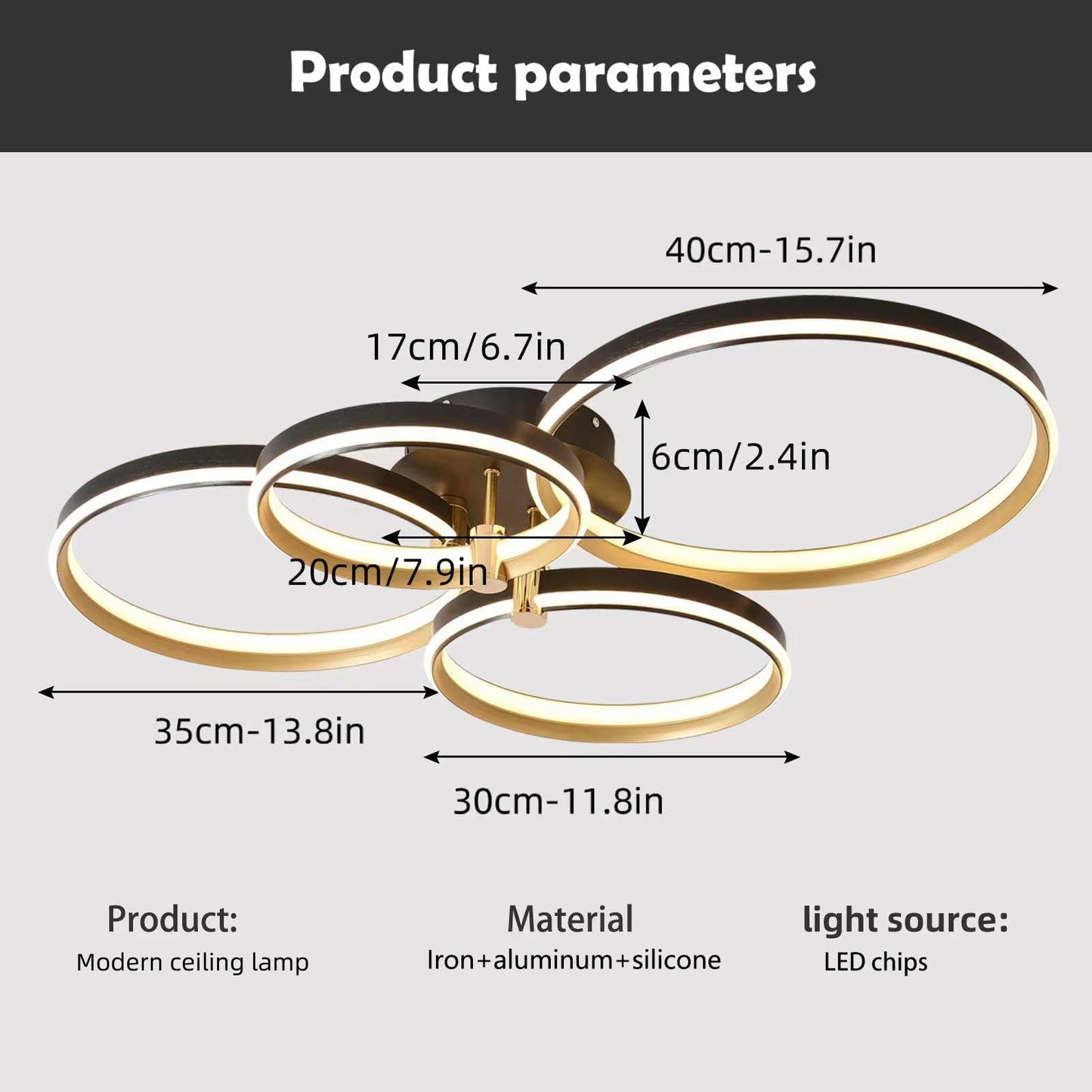 Garwarm 60W 4 Rings Dimmable LED Ceiling Light Gold Modern Ceiling Lamp