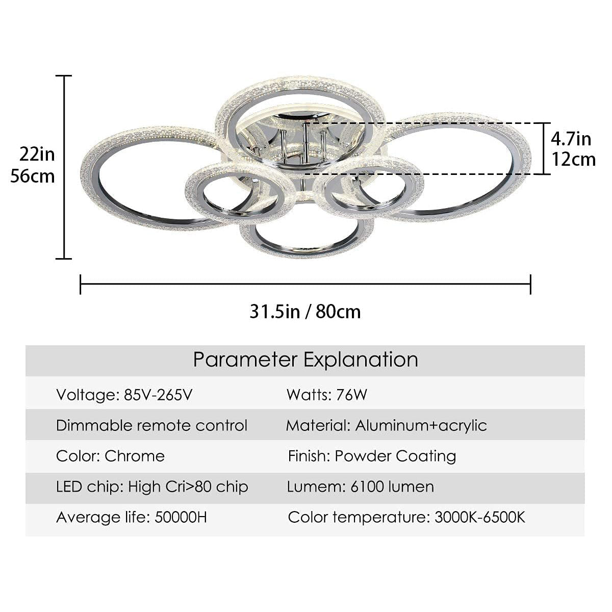 Garwarm LED Ceiling Light 76W Modern Close to Ceiling Lamp Dimmable 6 Rings Ceiling Chandelier for Living Room Bedroom