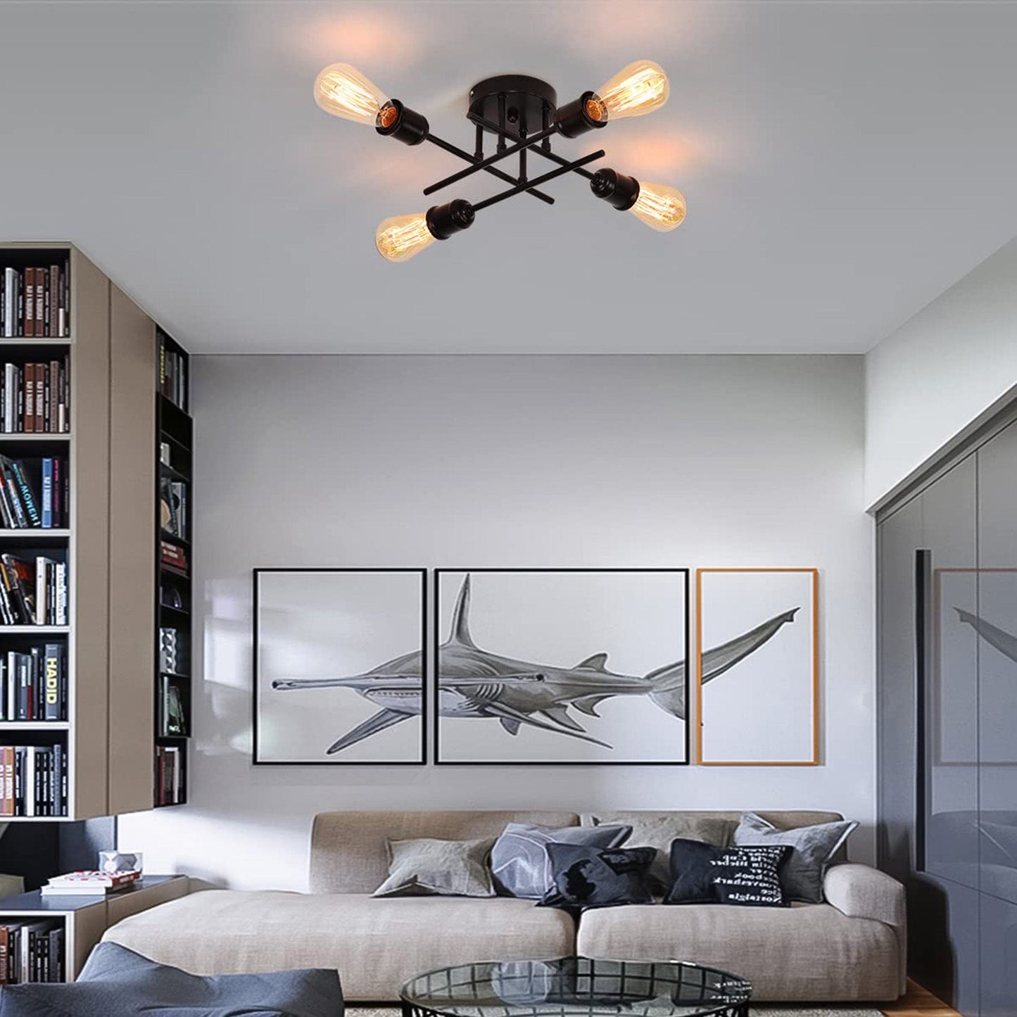 Garwarm 4-Light Semi Flush Mount Ceiling Light, Black Sputnik Ceiling Lighting