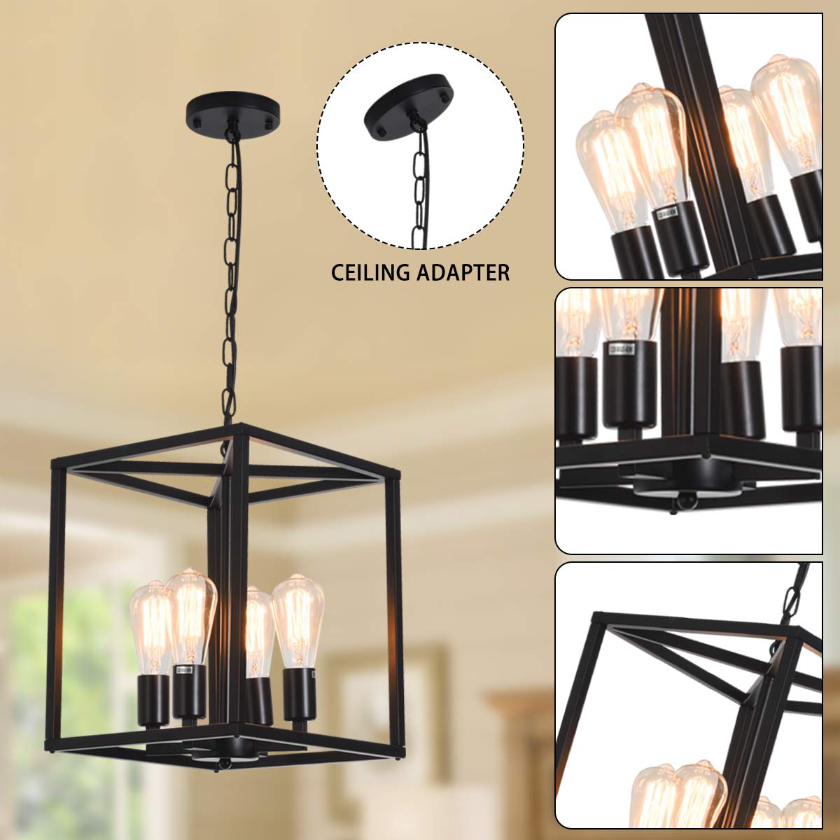 Garwarm Black 4-Light Metal Cage Pendant Light Adjustable Height for Kitchen Island Farmhouse Hallway