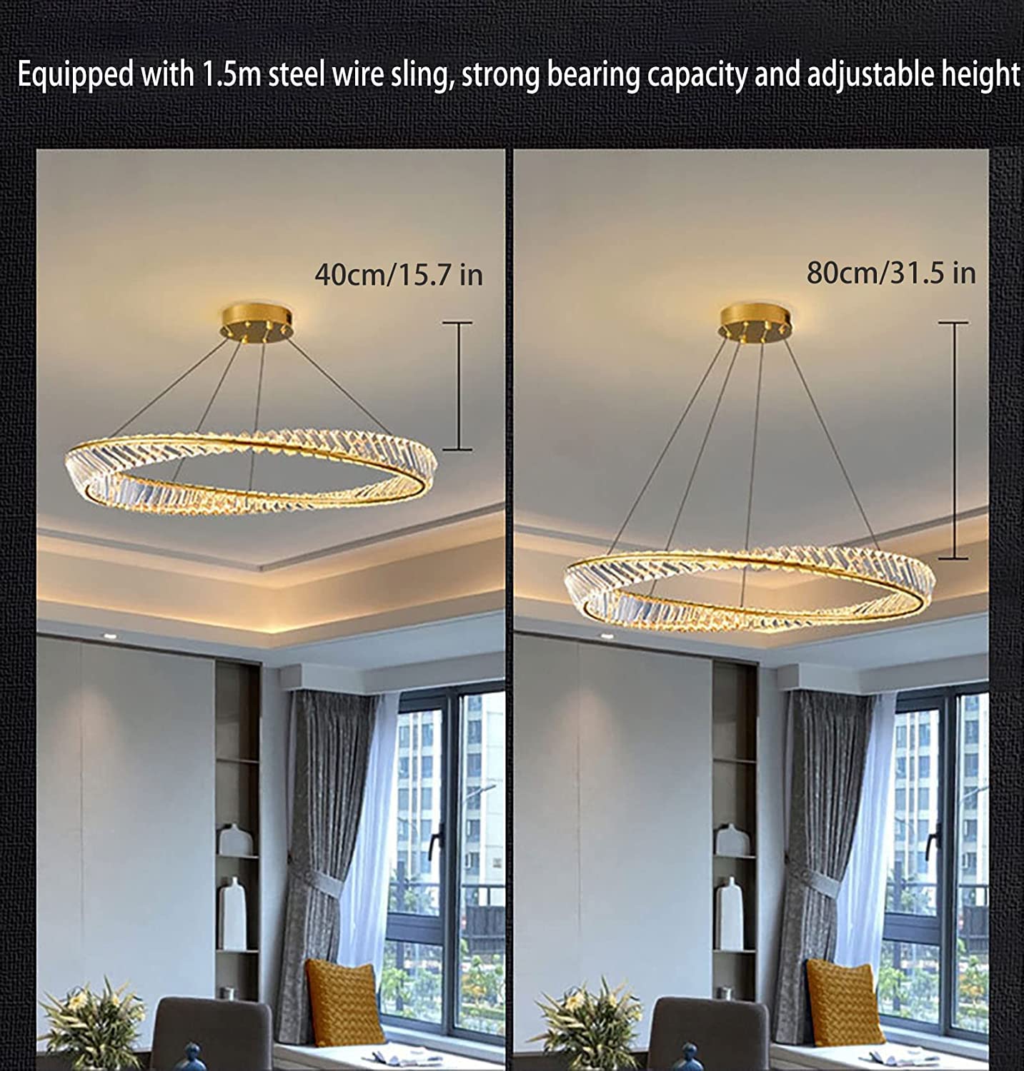 Garwarm Dimmable LED Golden Crystal Chandelier with Remote Control Adjustable Height