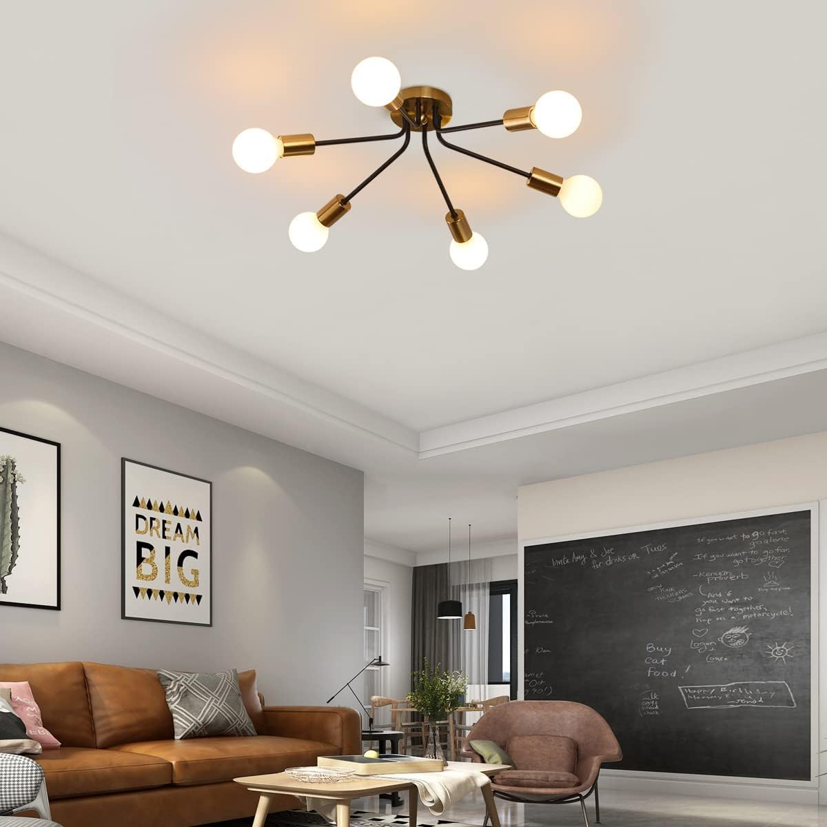 Garwarm 6-Light Gold/Black Modern Chandelier, Semi Flush Ceiling Light for Living Room