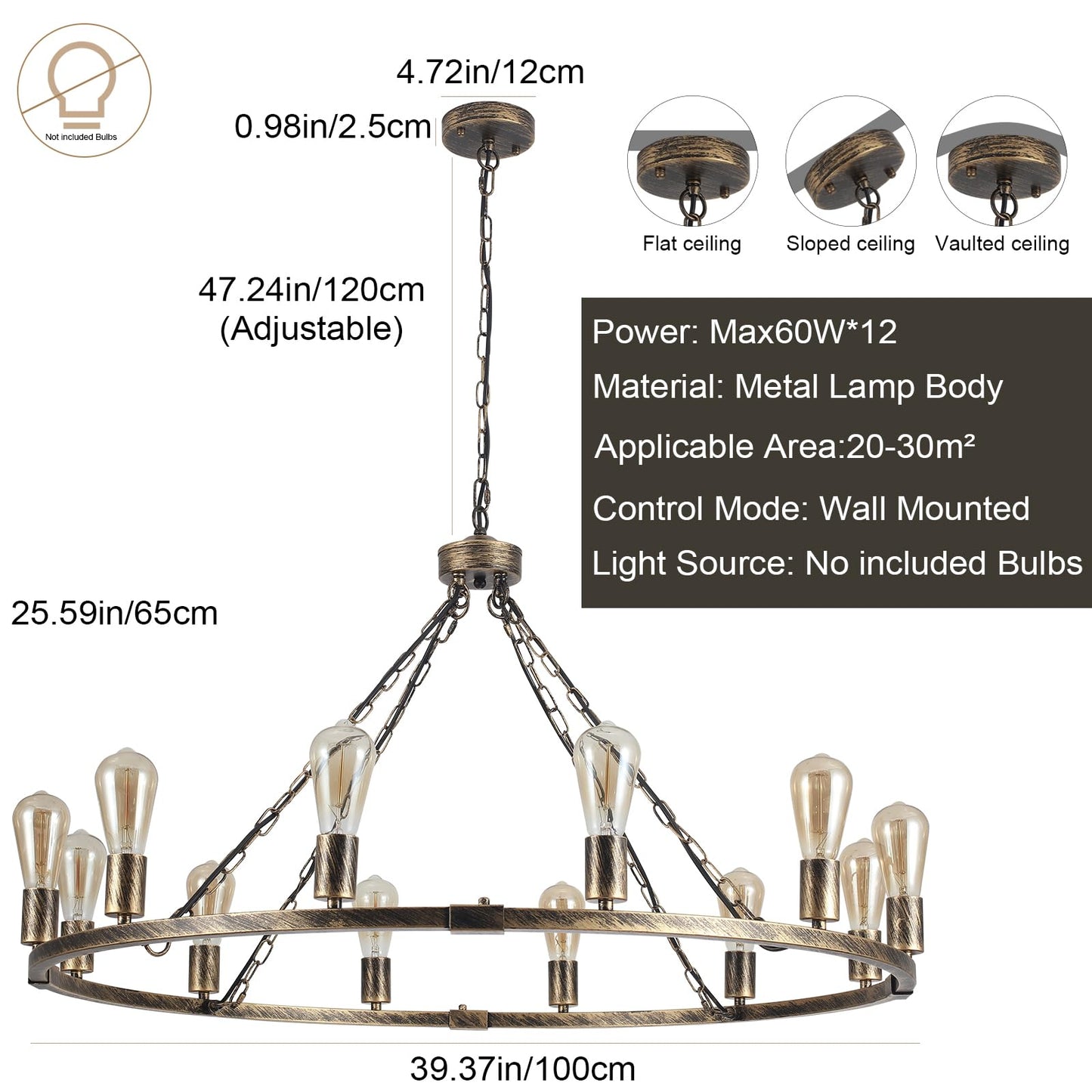 Garwarm 12-Light Vintage Wagon Wheel Chandelier