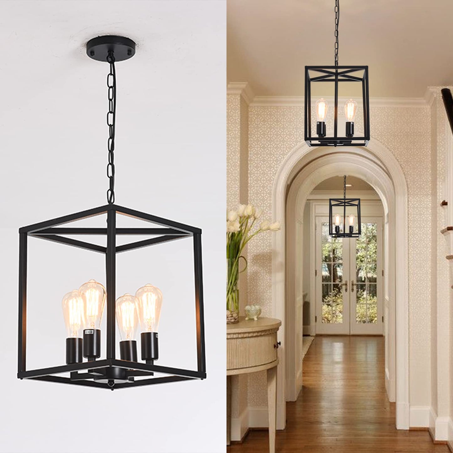 Garwarm Black 4-Light Metal Cage Pendant Light Adjustable Height for Kitchen Island Farmhouse Hallway