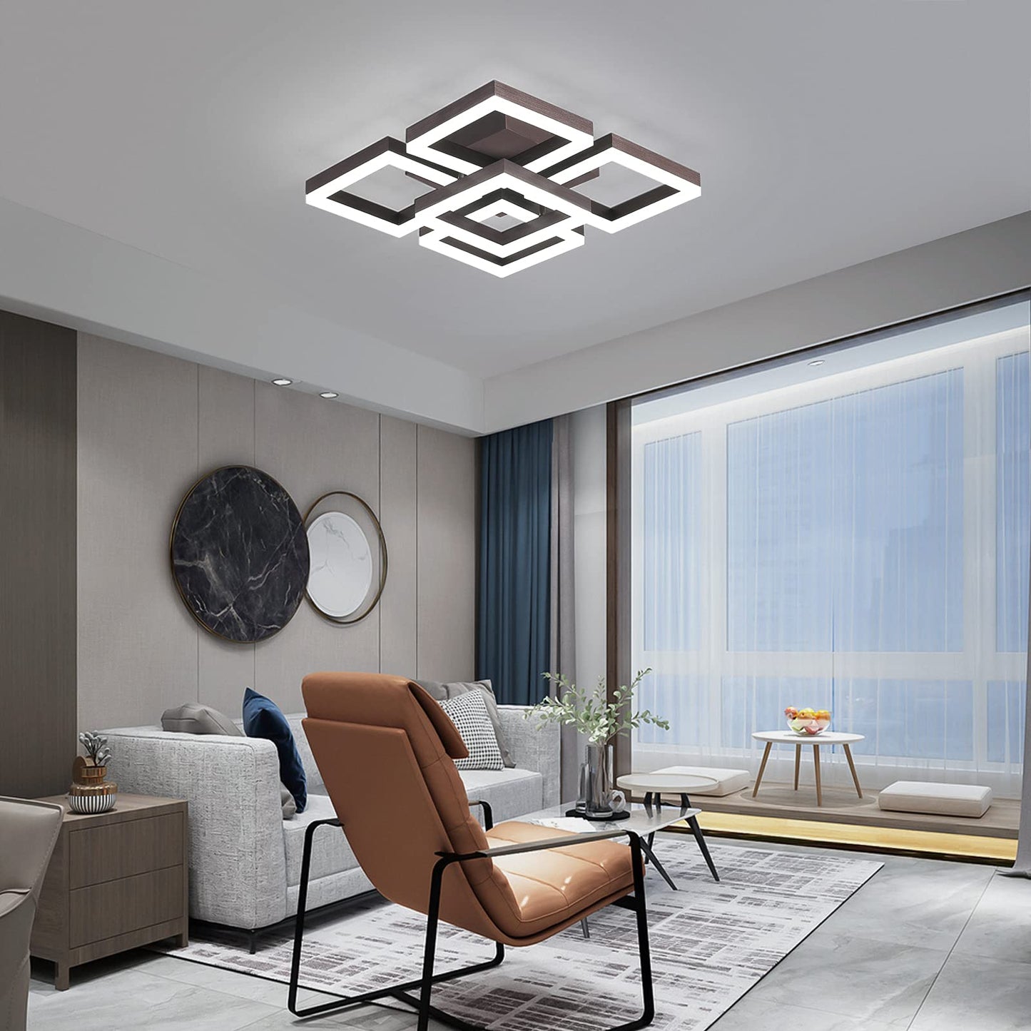 Garwarm 5-Square Coffee Acrylic Dimmable Modern LED Ceiling Lights with Remote Control