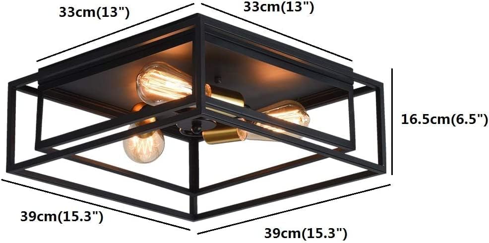 Garwarm Vintage 3-Light Square Flush Mount, Black Metal Ceiling Light