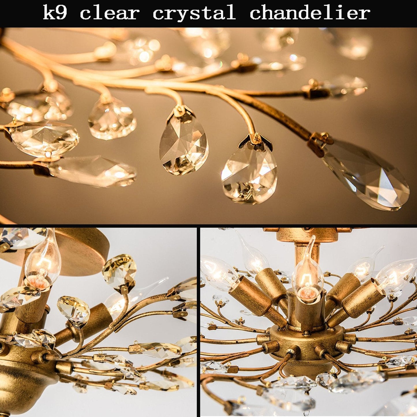 Garwarm 4-Light Vintage Gold Crystal Ceiling Lights