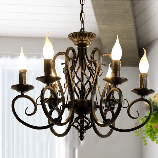 Garwarm 6-Light Chandelier Vintage Iron Candle Pendant for Kitchen or Dining Room