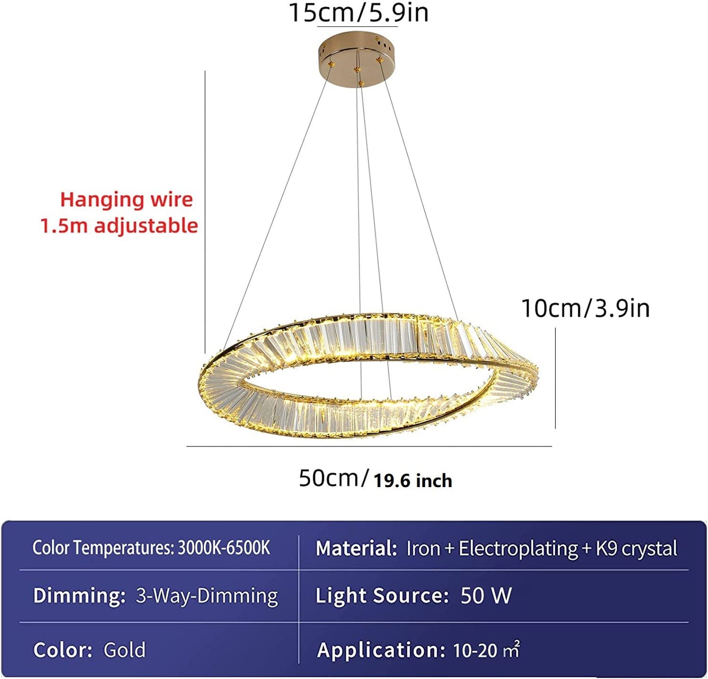 Garwarm Dimmable LED Golden Crystal Chandelier with Remote Control Adjustable Height