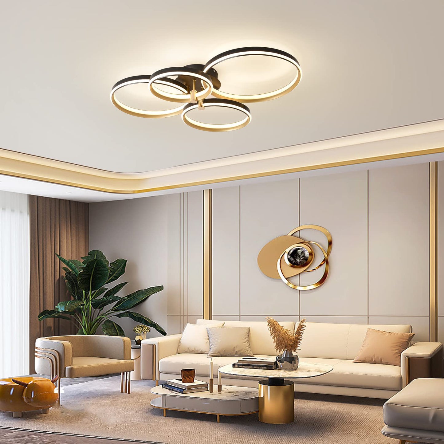 Garwarm 60W 4 Rings Dimmable LED Ceiling Light Gold Modern Ceiling Lamp