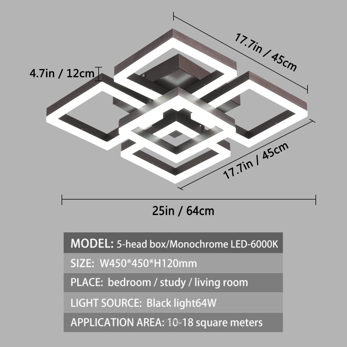 Garwarm 5-Square Coffee Acrylic Dimmable Modern LED Ceiling Lights with Remote Control