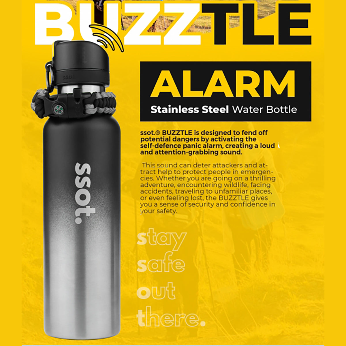 ssot. BUZZTLE Alarm Stainless Steel Water Bottle (BUZZTLE750-BSS)