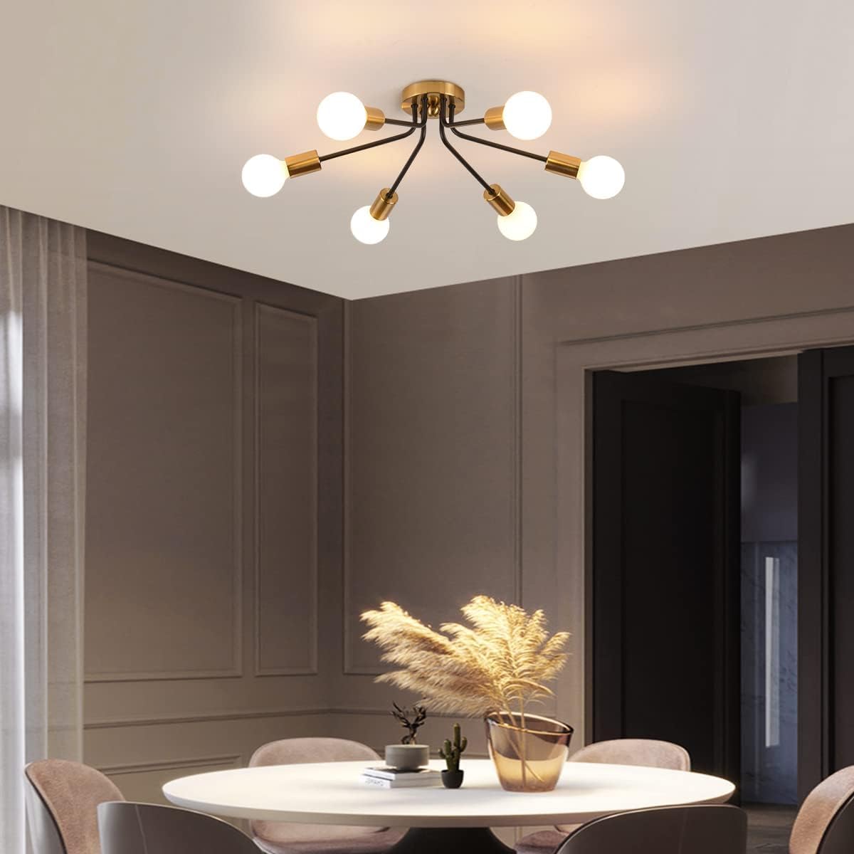 Garwarm 6-Light Gold/Black Modern Chandelier, Semi Flush Ceiling Light for Living Room