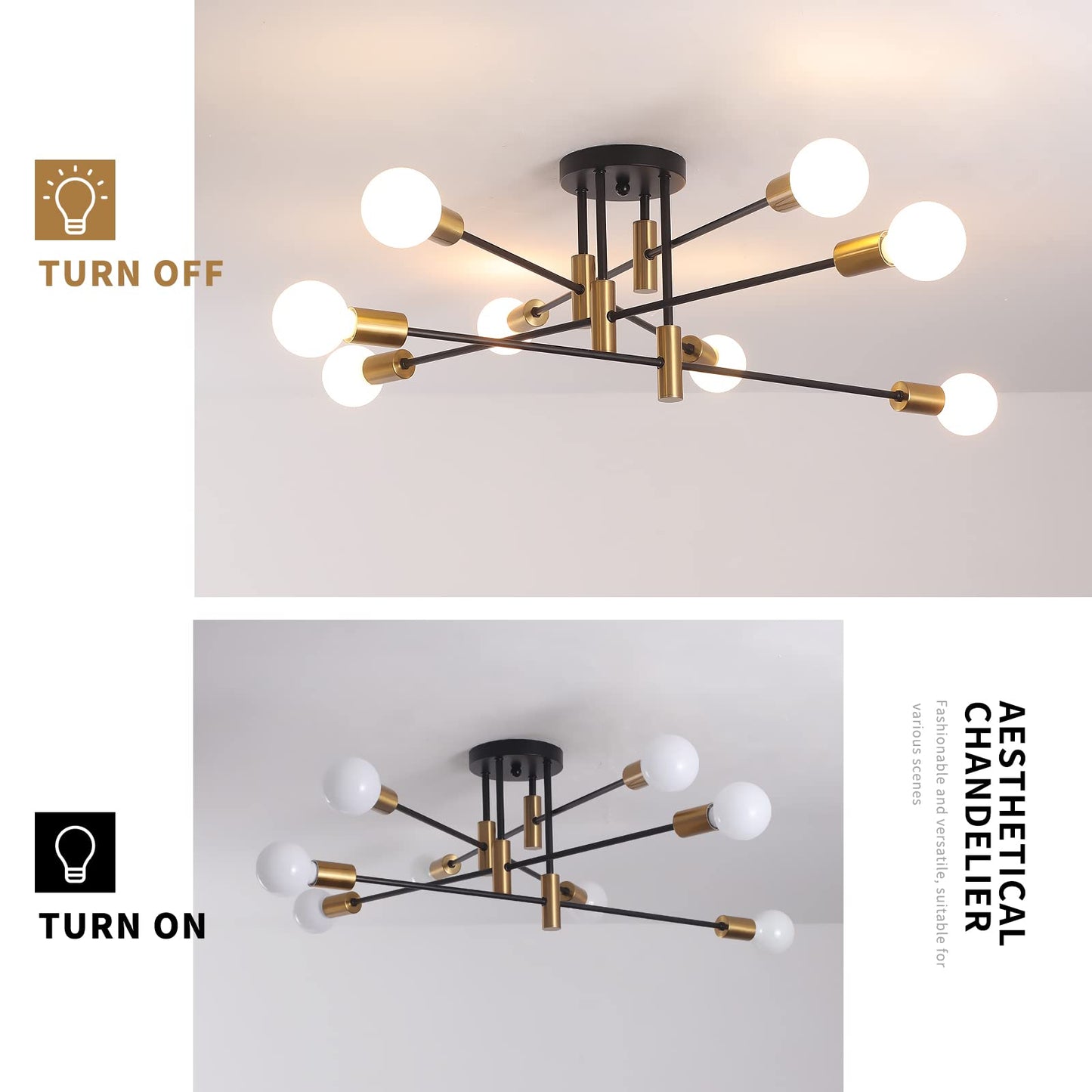 Garwarm 8-Light Modern Black+Gold Industrial Ceiling Pendant Light