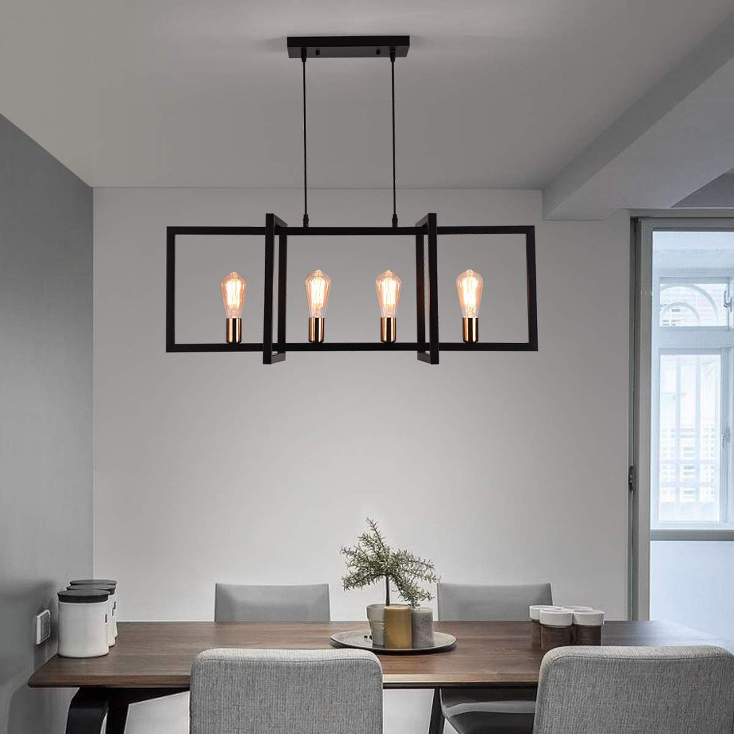 Garwarm Modern Kitchen 4-Light Matte Black Rectangular Chandelier