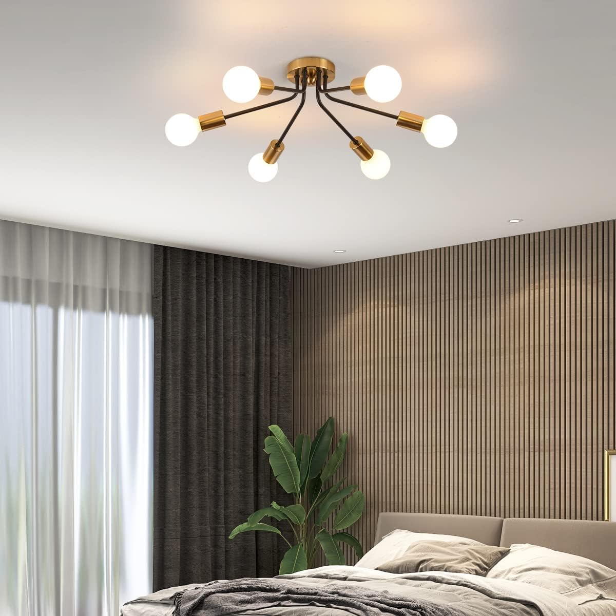 Garwarm 6-Light Gold/Black Modern Chandelier, Semi Flush Ceiling Light for Living Room