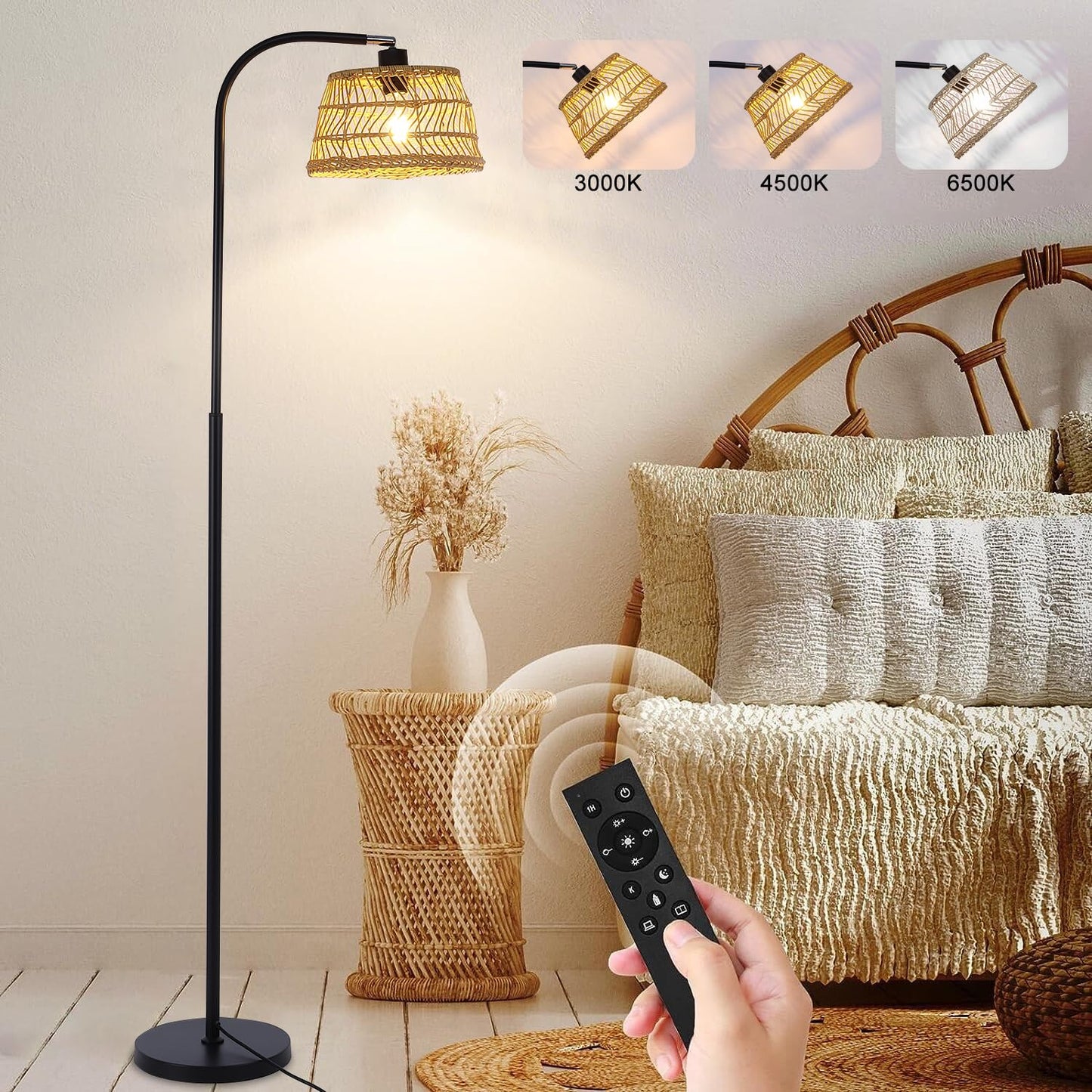 Garwarm Remote Dimmable Rattan Floor Lamp