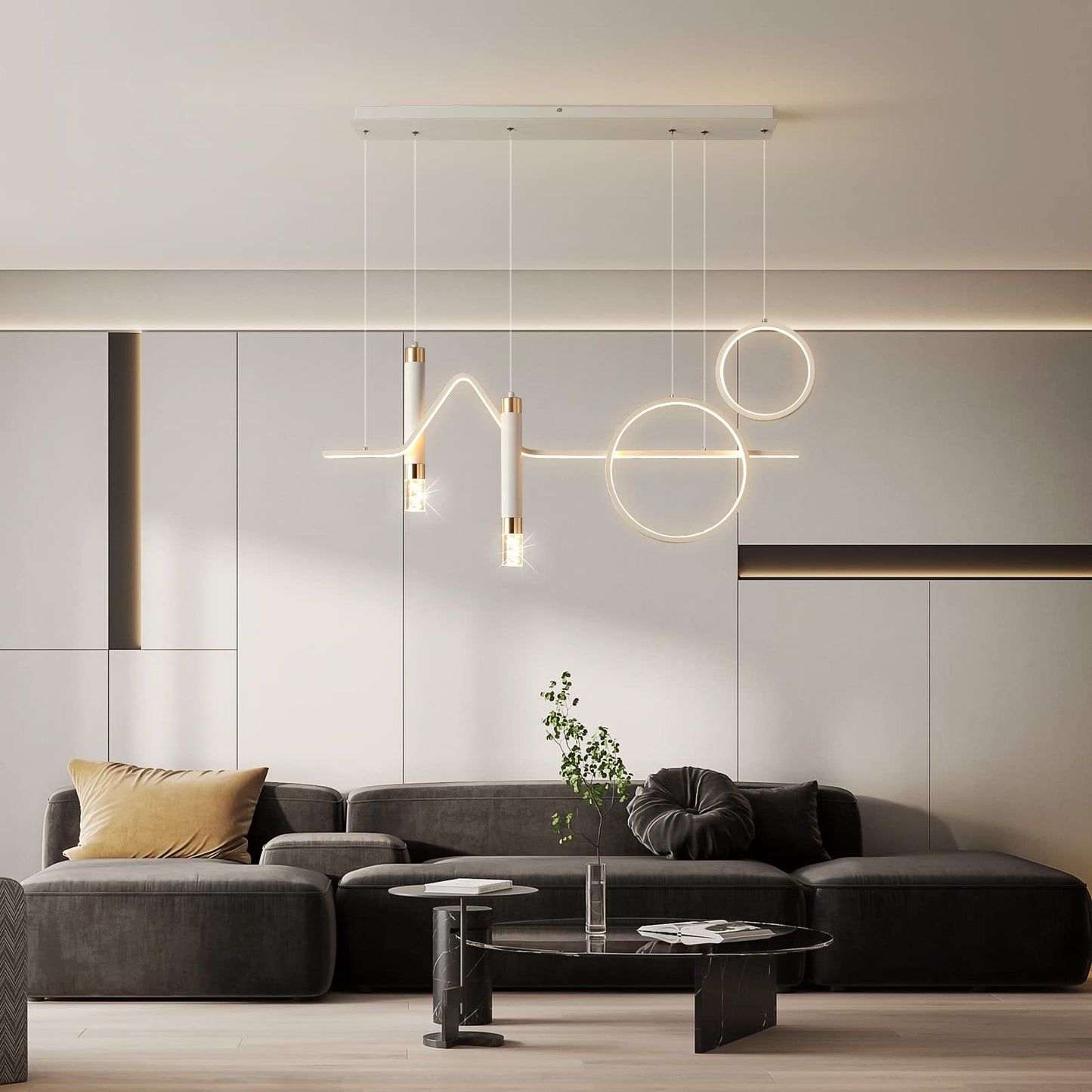 Garwarm Linear Wave Pendant Light Dimmable Chandelier with Remote Control