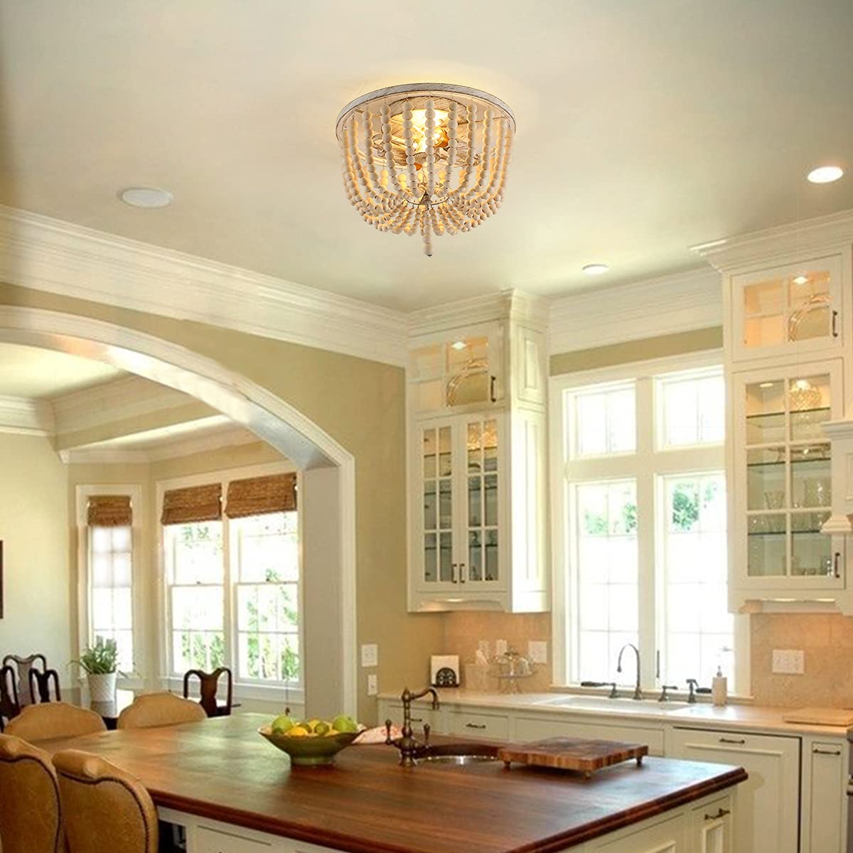 Garwarm Bohemia Wood Beads Chandelier Flush Mount Farmhouse Ceiling Light