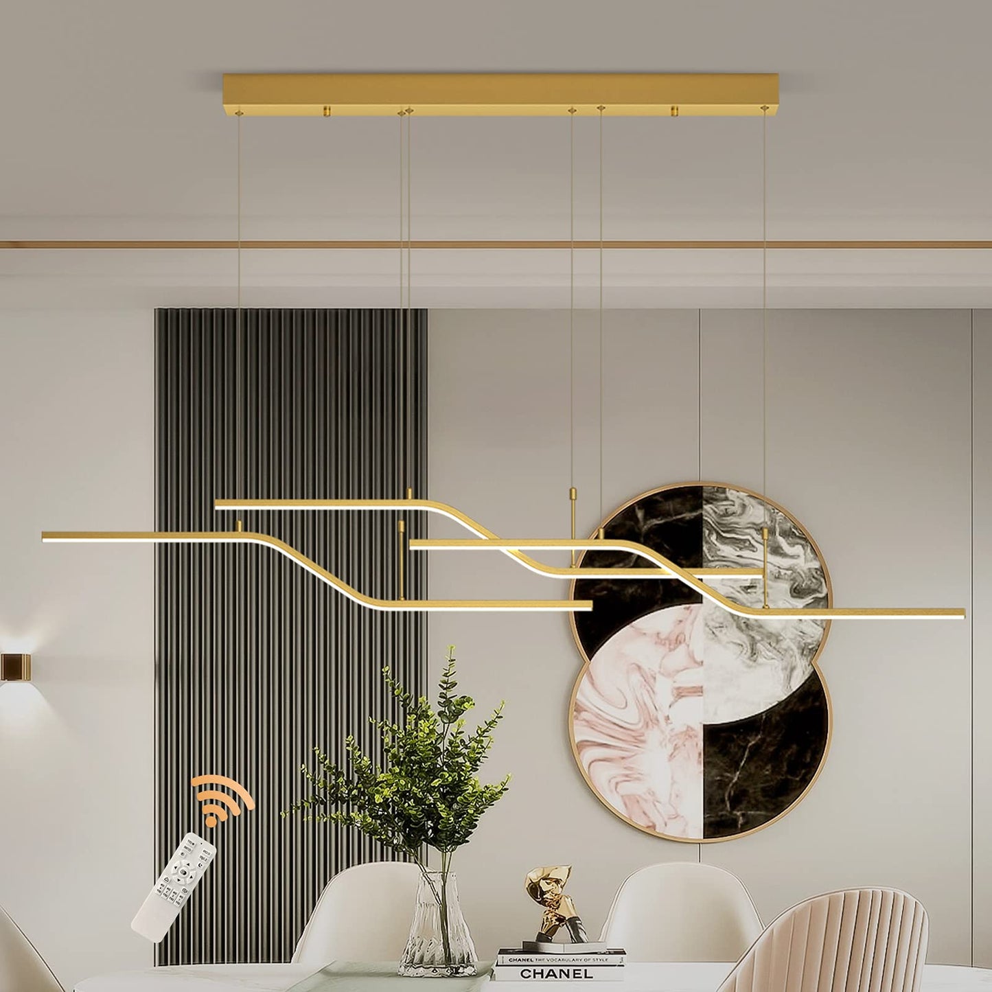 Garwarm Modern Black/Gold Dimmable LED 3-Light Wave Linear Chandelier Light with Remote for Dining Room Kitchen Island