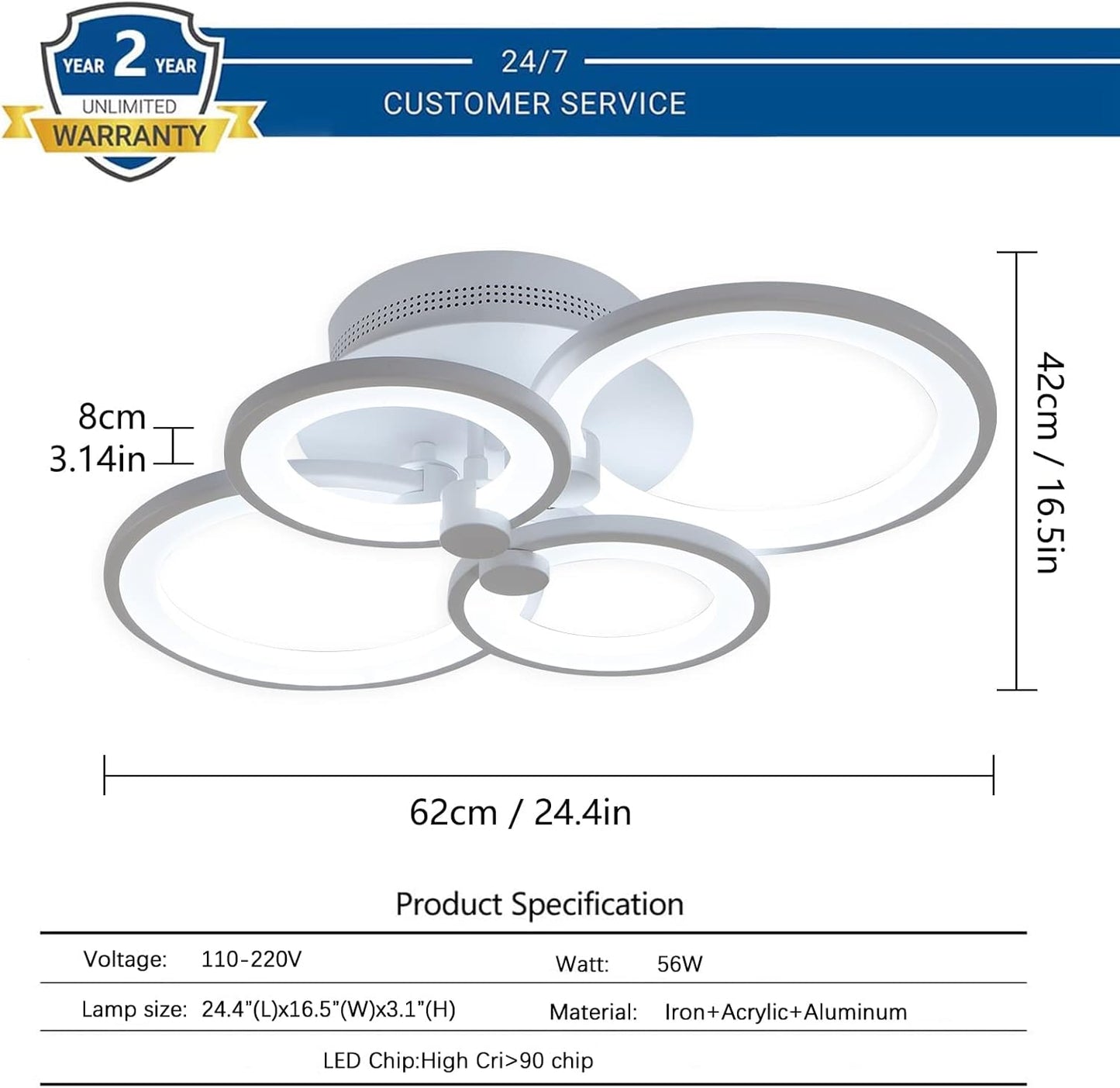 Garwarm 36W LED Ceiling Light Dimmable Flush Mount Metal Acrylic for Living Room or Bedroom