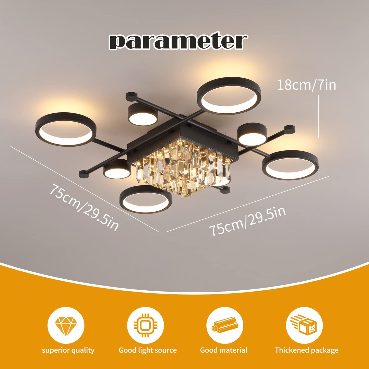 Garwarm 65W 8-Head Ceiling Light Crystal Flush Mount LED Chandelier Metal Dimmable Ceiling Lamp