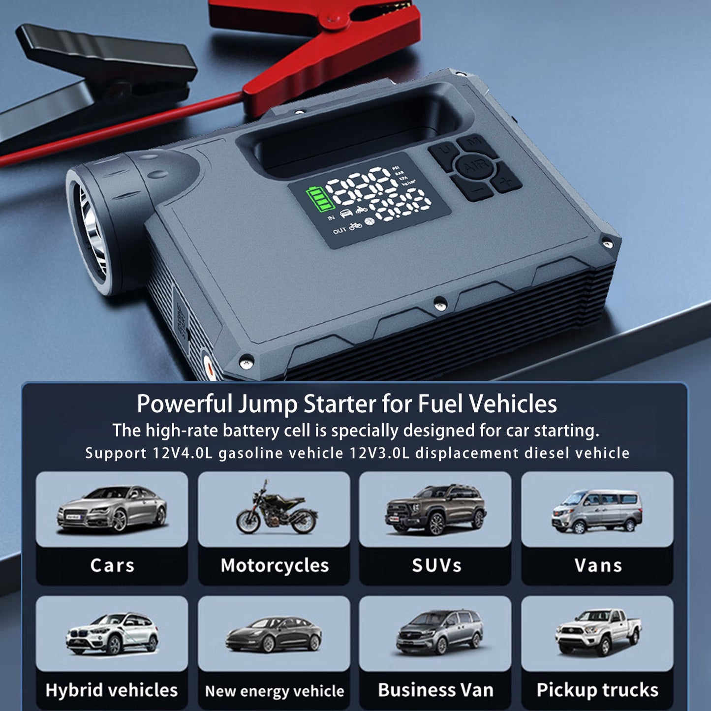 WFDRD Multifunctional 5-in-1 Jump Starter, Air Pump, Lighting, USB Power Bank, 1000-2000A 16000mAh