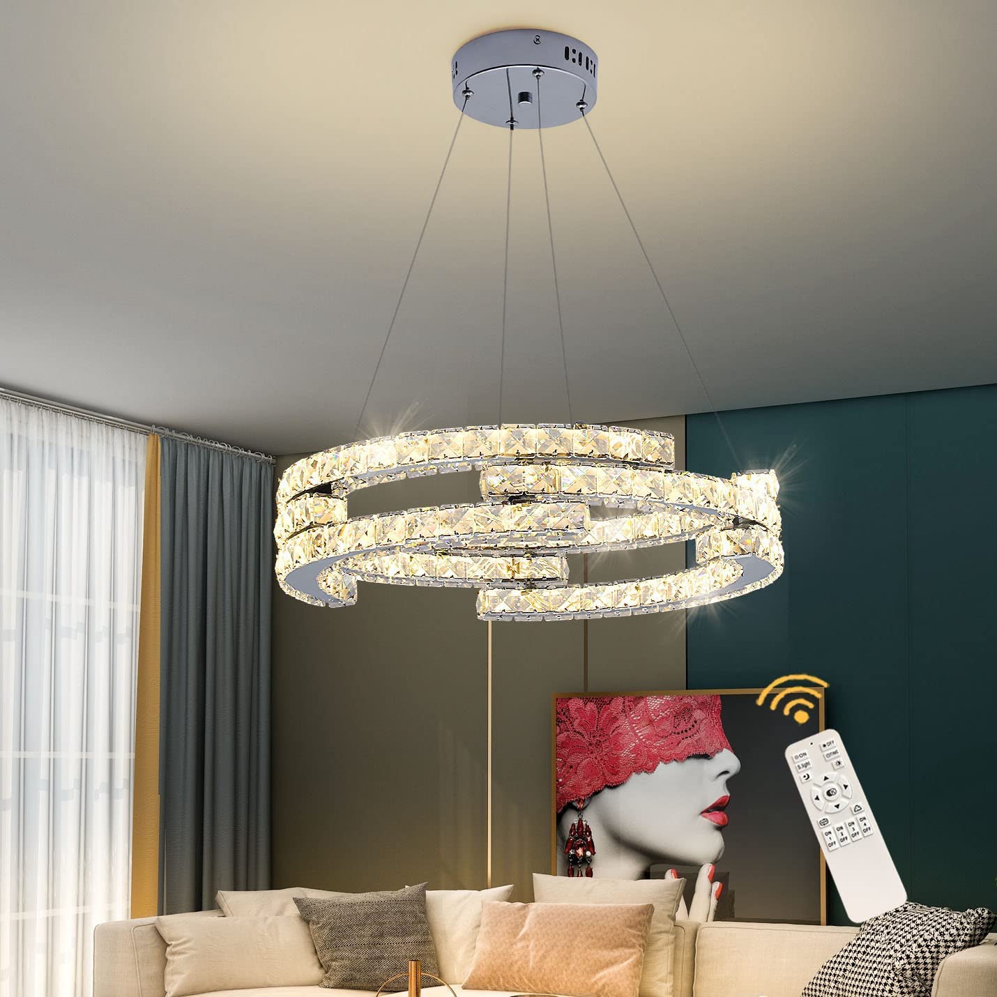 Garwarm Chrome Crystal Dimmable Pendant Light with Remote