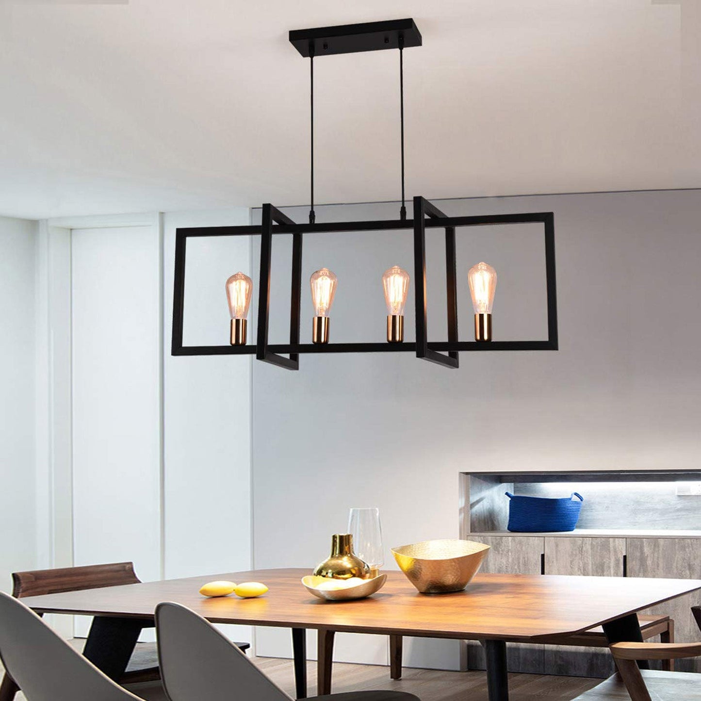 Garwarm Modern Kitchen 4-Light Matte Black Rectangular Chandelier