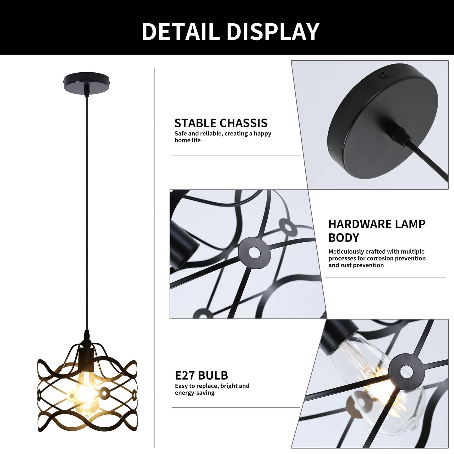 Garwarm Black 1/4 Light Chandeliers Pendant Light 25 cm Cage Modern Lamp