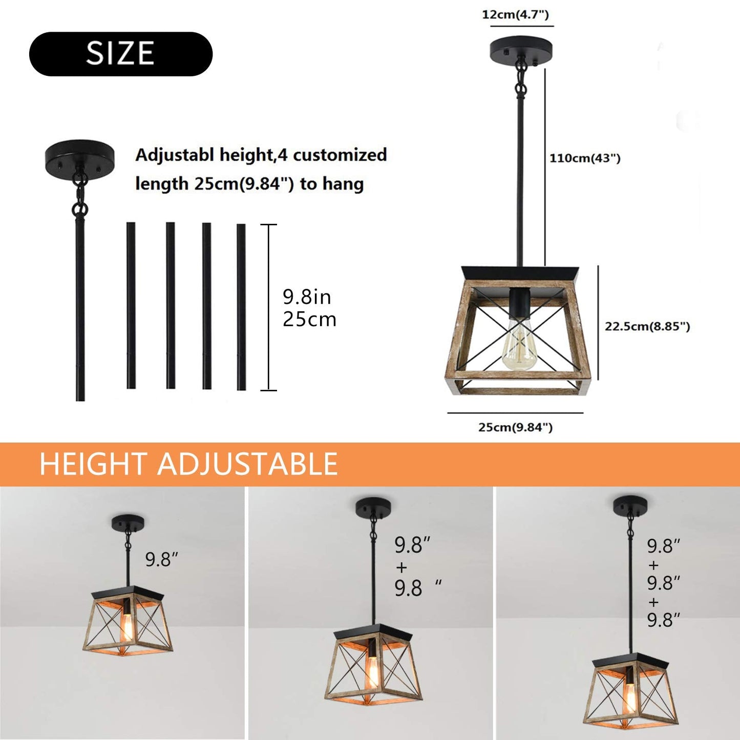 Garwarm Farmhouse Metal Cage Pendant Light Adjustable Height