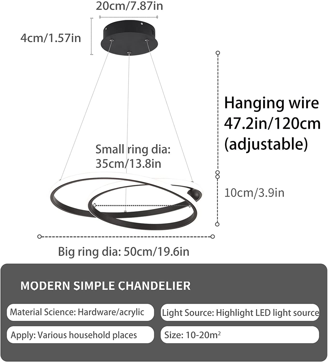 Garwarm Modern Black Dimmable LED 2 Rings Chandelier with Remote Control Adjustable Height