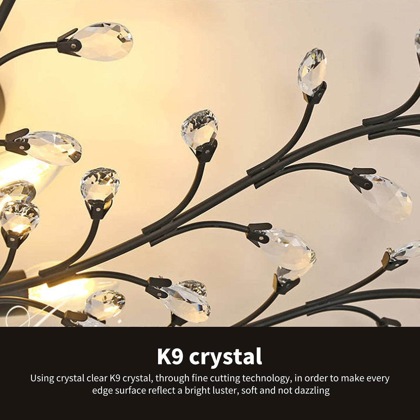 Garwarm Vintage Black K9 Crystal 4-Light Flush Mount Chandelier for Living Room Dining Room Porch Hallway