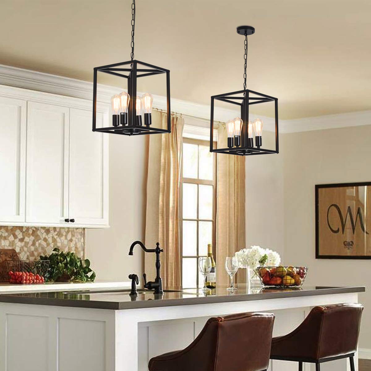 Garwarm Black 4-Light Metal Cage Pendant Light Adjustable Height for Kitchen Island Farmhouse Hallway