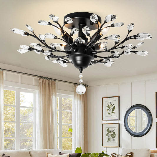 Garwarm Vintage Black K9 Crystal 4-Light Flush Mount Chandelier for Living Room Dining Room Porch Hallway