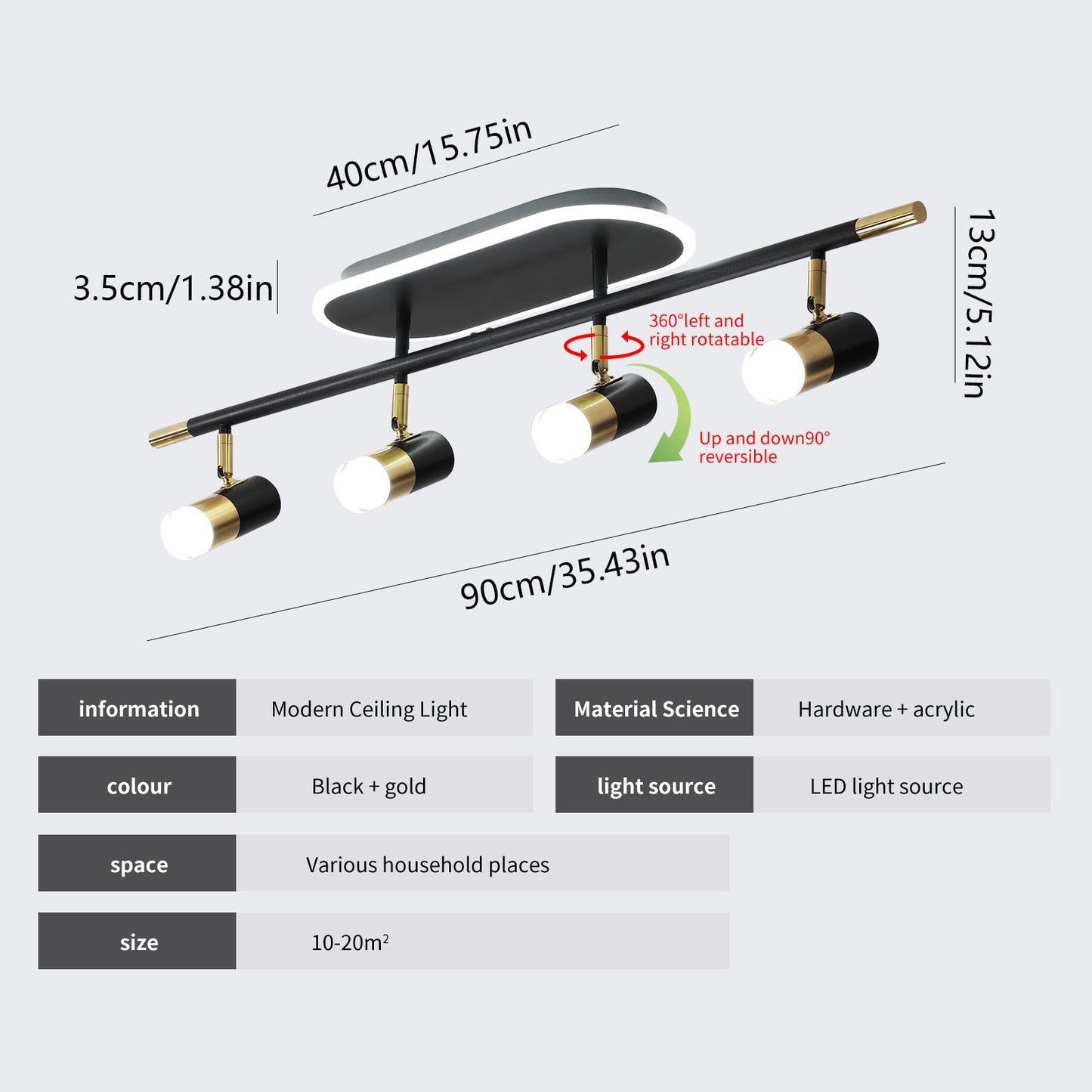 Garwarm 4-Light Dimmable LED Ceiling Track Light Black Gold Rotatable Spotlight