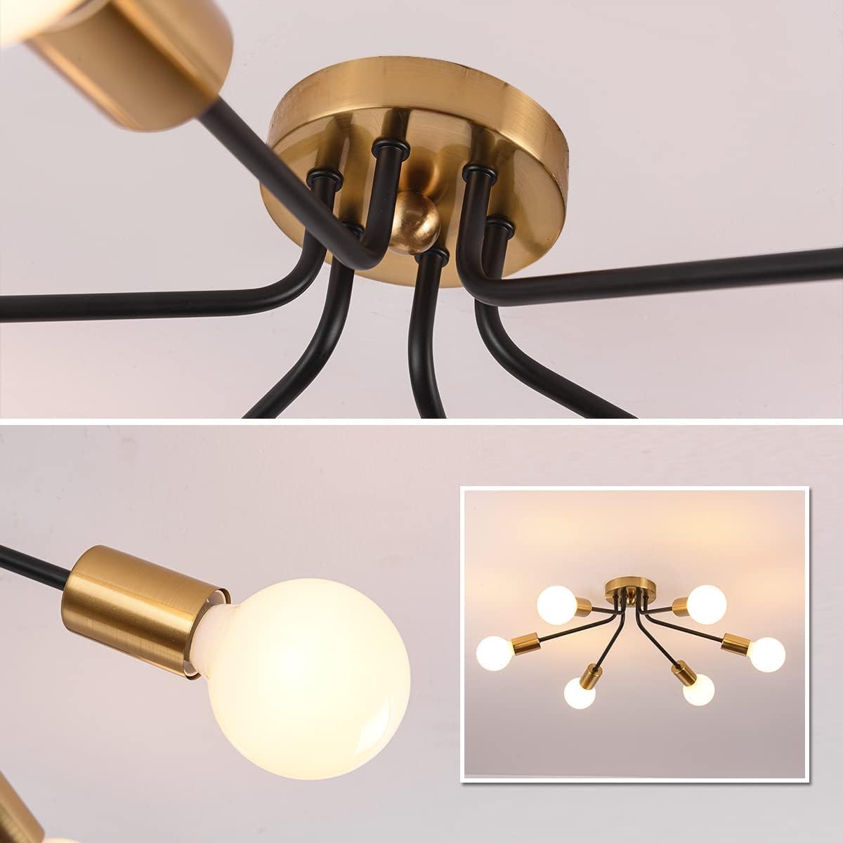 Garwarm 6-Light Gold/Black Modern Chandelier, Semi Flush Ceiling Light for Living Room