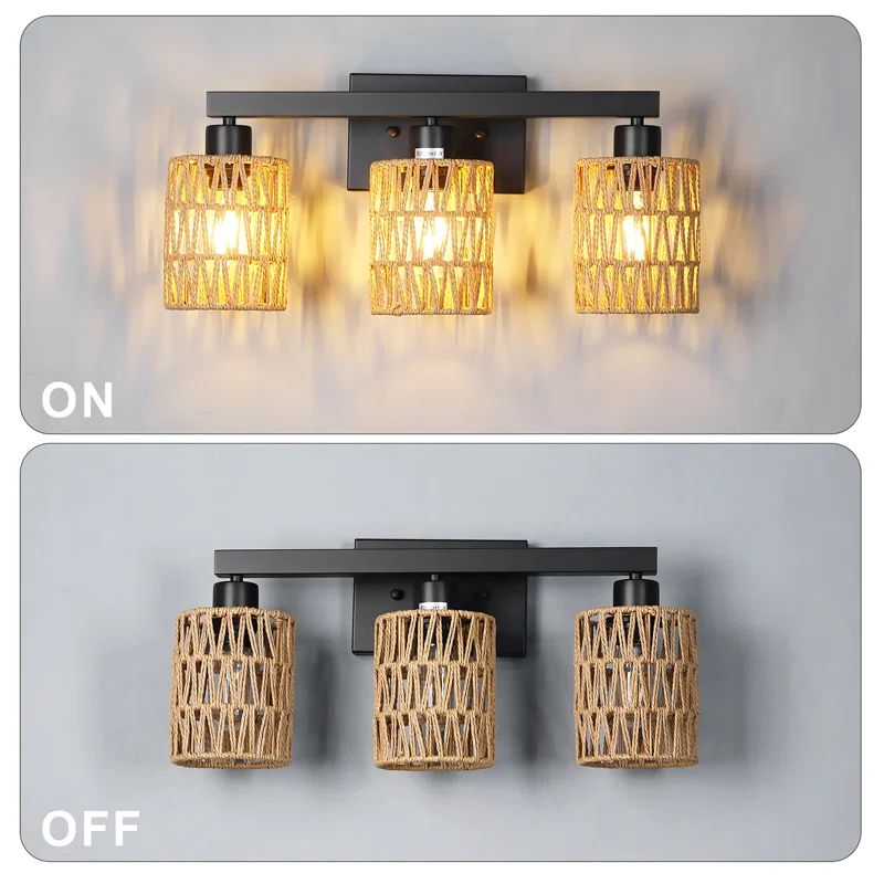 Garwarm 3-Light Boho Rattan Black Metal Wall Light